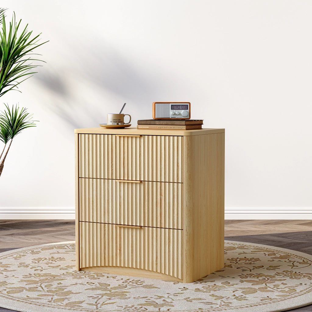 Comodino con 3 cassetti e guide ammortizzate pannelli scanalati MDF rovere camera da letto 58 × 38 × 64 cm
