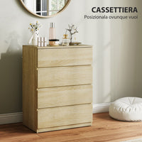 Cassettiera 4 Cassetti 60x40x80 cm con Guide in Metallo e Maniglie Scanalate in Legno color Faggio