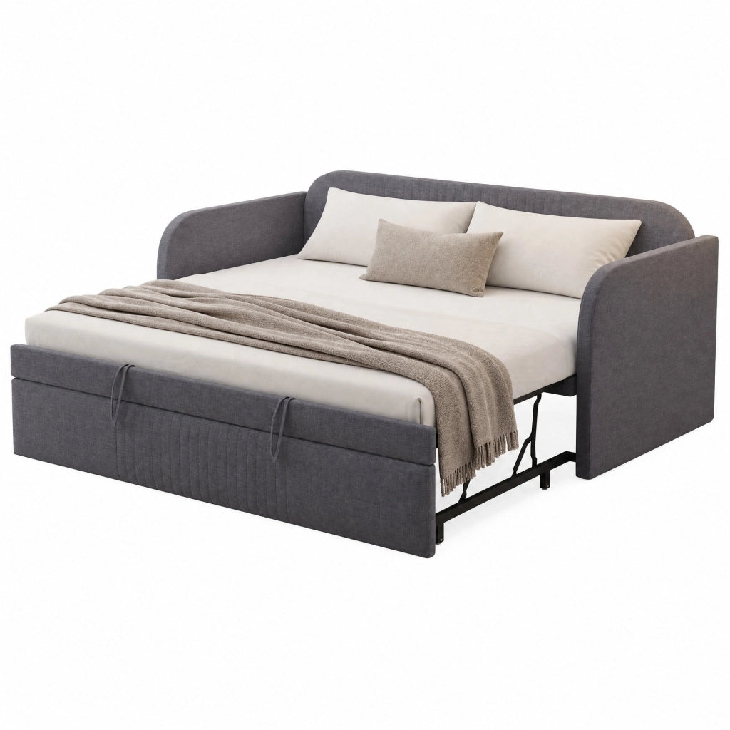 Divano letto imbottito estendibile 90/180x190 cm in tessuto effetto lino grigio