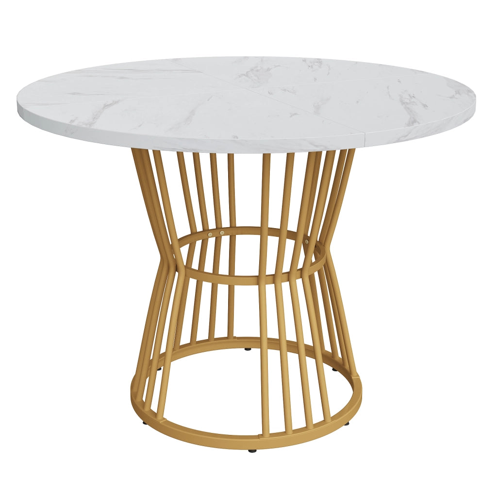 Tavolo da pranzo rotondo con 4 sedie set 5 pezzi, piano effetto marmo, base in metallo, per cucina e sala da pranzo