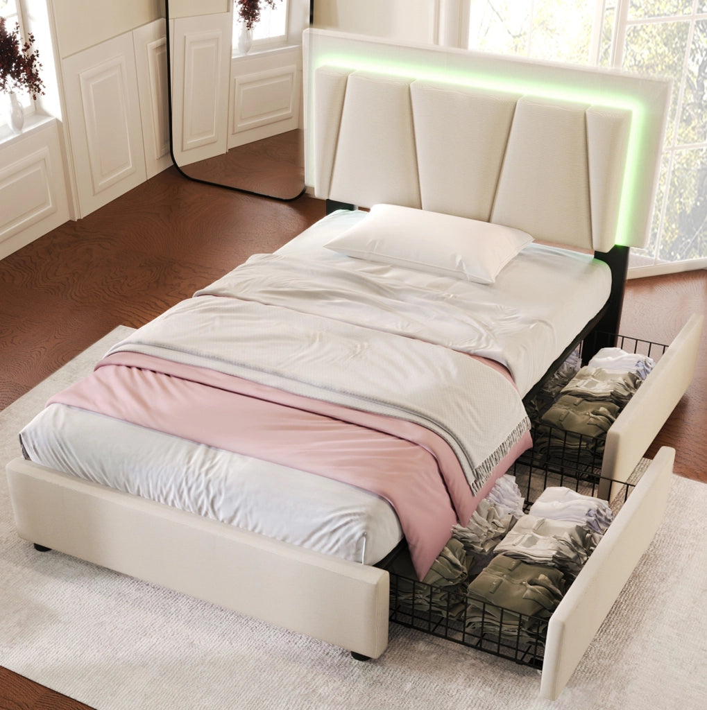 Letto singolo imbottito beige 90x200 cm con LED, 2 cassetti e materasso H3