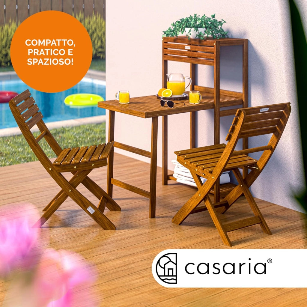 ® Set da balcone per 2 persone, resistente alle intemperie, pieghevole, in legno, 160 kg, con certificazione FSC®, 95 x 117 cm, 3 pezzi, colore marrone