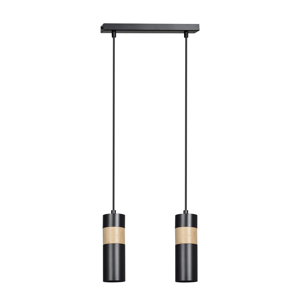 Lampadario 2 Luci Change In Acciaio Nero A Cilindro Con Legno Naturale