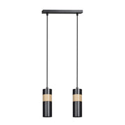 Lampadario 2 Luci Change In Acciaio Nero A Cilindro Con Legno Naturale