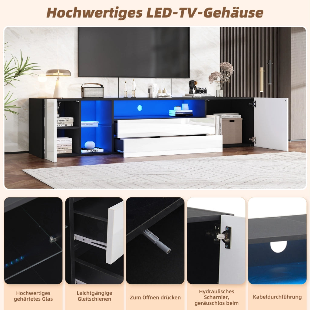 MOBILE TV 180x40x45 cm con LED 2 cassetti 2 ante bianco e nero lucido
