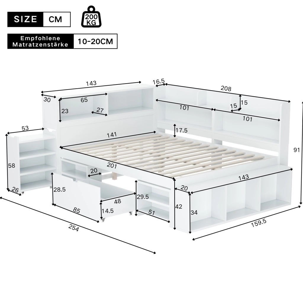 Letto singolo multifunzionale 140x200 cm con contenitori e rete a doghe; in legno multistrato bianco
