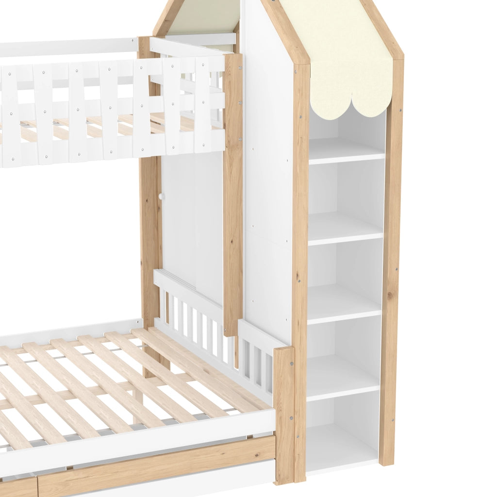 Letto a Castello 140x200 cm e 90x200 cm; 2 Schubladen; Mensole; in Legno; Bianco Naturale