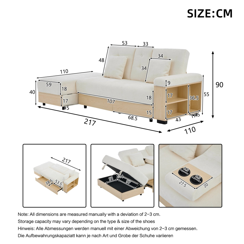 Divano letto con schienale reclinabile, spazio contenitore e portabicchieri, in chenille beige 217 × 110 × 90 cm