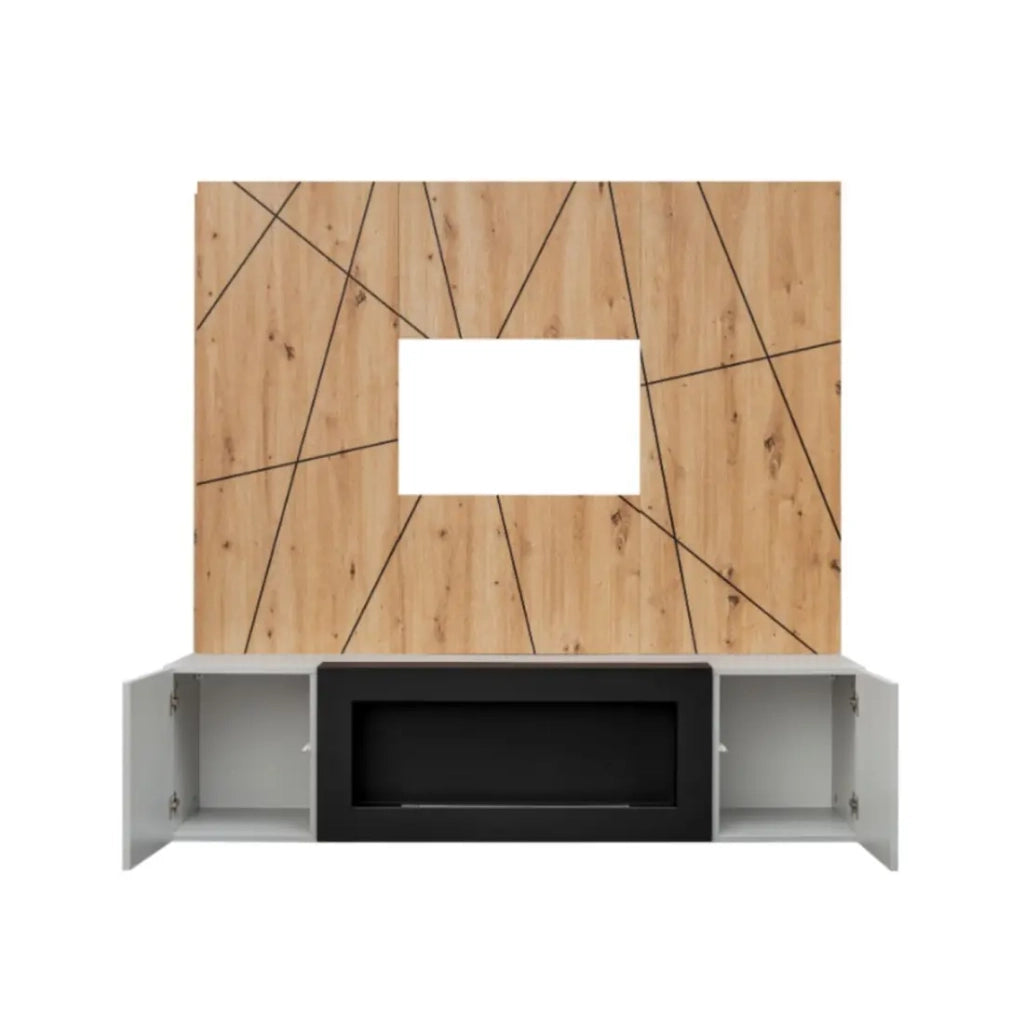 Composizione murale IXAR geometrica – Mobile TV + pannelli murali decorativi + camino bio-etanolo