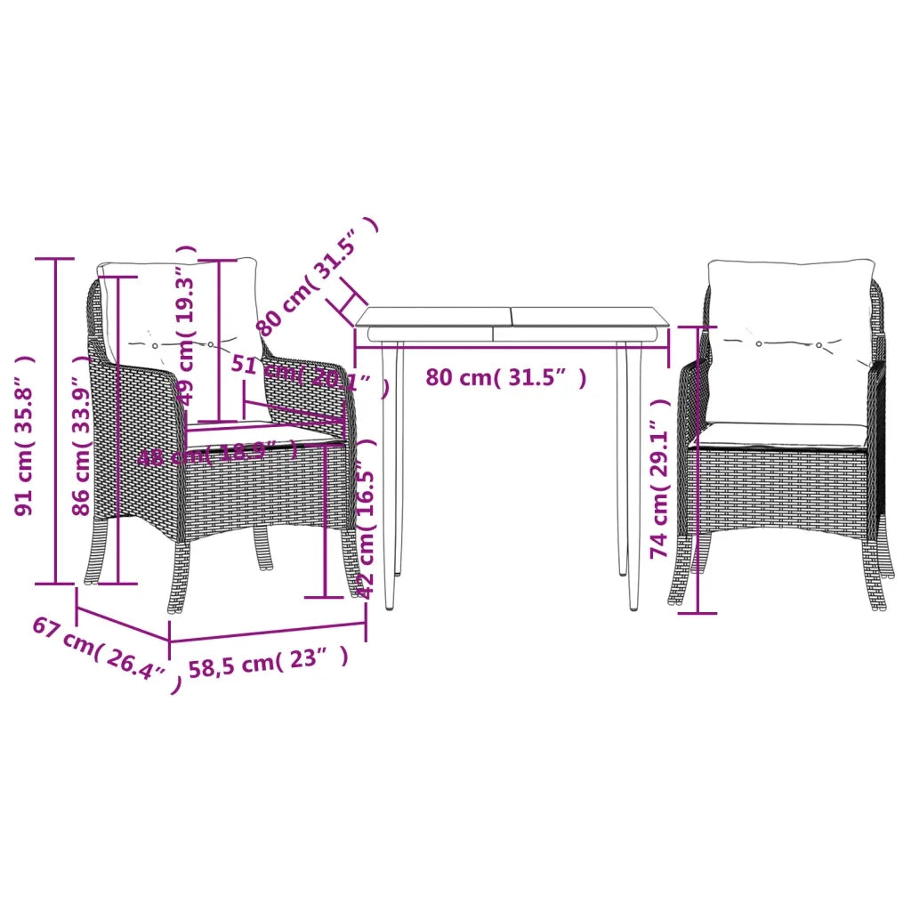 Set da Pranzo da Giardino 3 pz | Set Salotto da Giardino con Cuscini Nero in Polyrattan