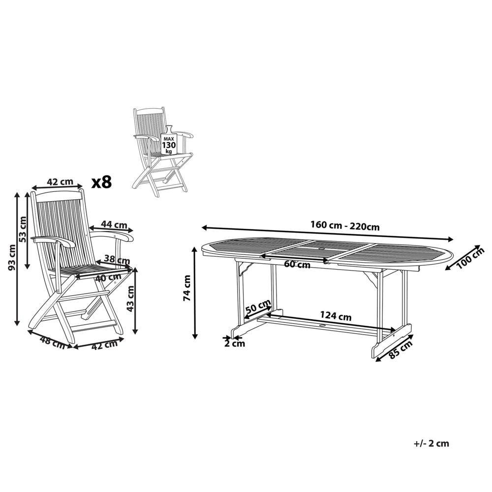 Set da pranzo per esterni in legno di acacia chiaro tavolo da 8 posti sedie pieghevoli design rustico