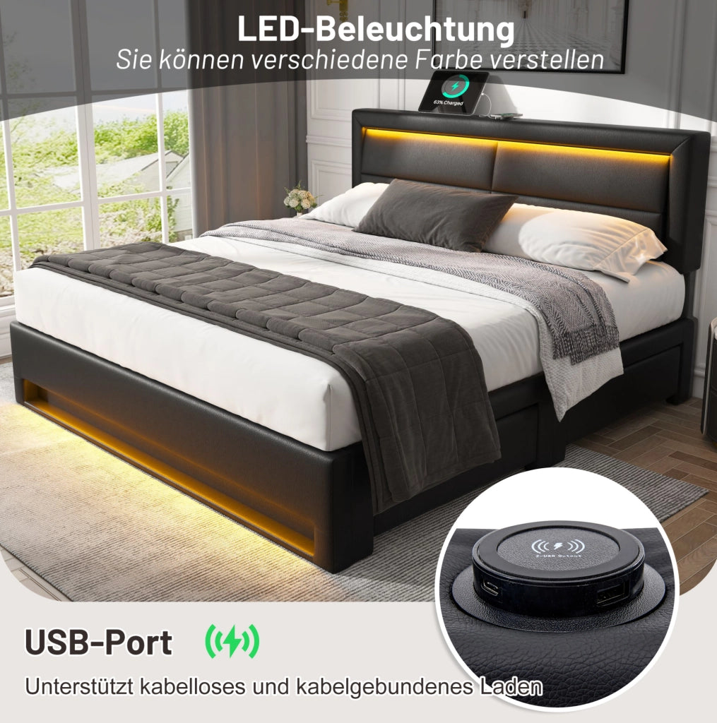 Letto imbottito 140x200 cm in PU nero con USB; LED e 4 cassetti