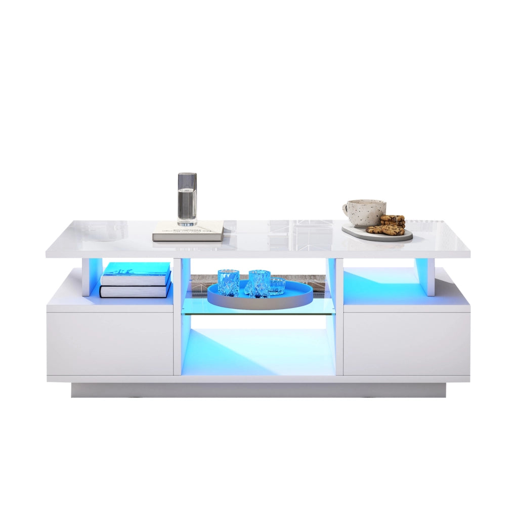 Tavolino da caffè 100 x 50 x 36 cm con LED; 2 cassetti e ripiani in vetro; bianco lucido