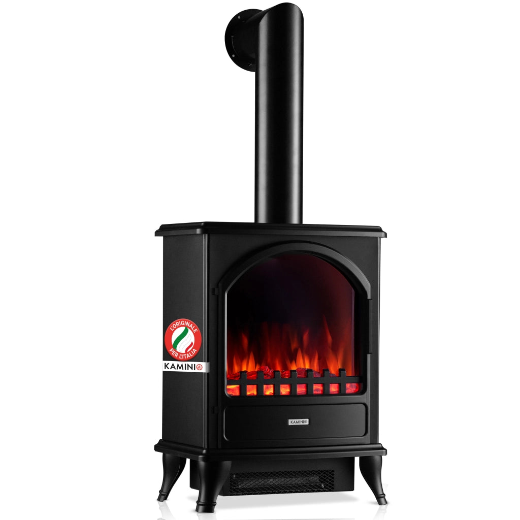 KAMINIO Camino elettrico LENI con tubo di scarico - Camino elettrico con riscaldamento, effetto fiamma 3D - Nero