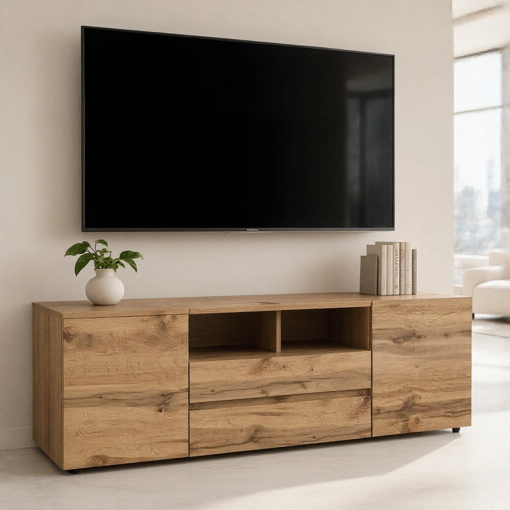 Mobile TV Design Moderno Nordico Con LED Integrati 2 Ante Battenti 1 Anta A Ribalta E Vani A Giorno In Melaminico Per Soggiorno Salotto Zona Living 137 X 45.5 X 33 Cm Rovere