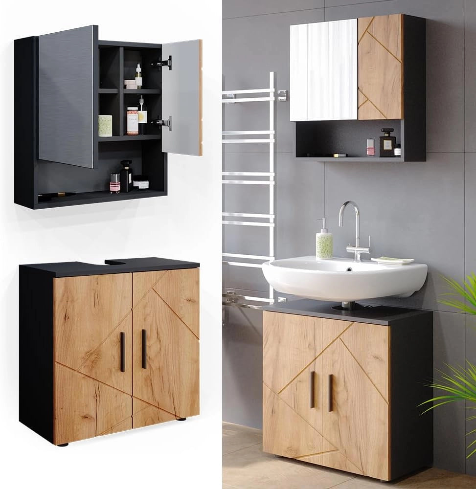 Set mobili bagno Irma, Quercia dorata/antracite, 80 cm, composto da specchio da bagno e mobile sottolavabo