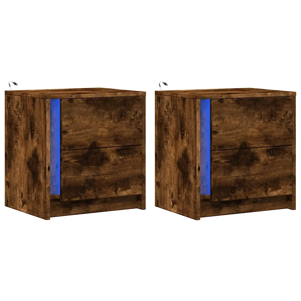 Comodini con Luci LED 2pz Rovere Fumo in Legno Multistrato