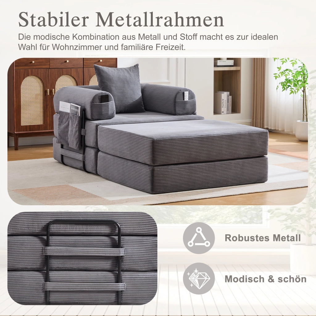 DIVANO modulare 112x190x67 cm in corduroy grigio scuro con pouf e cuscino