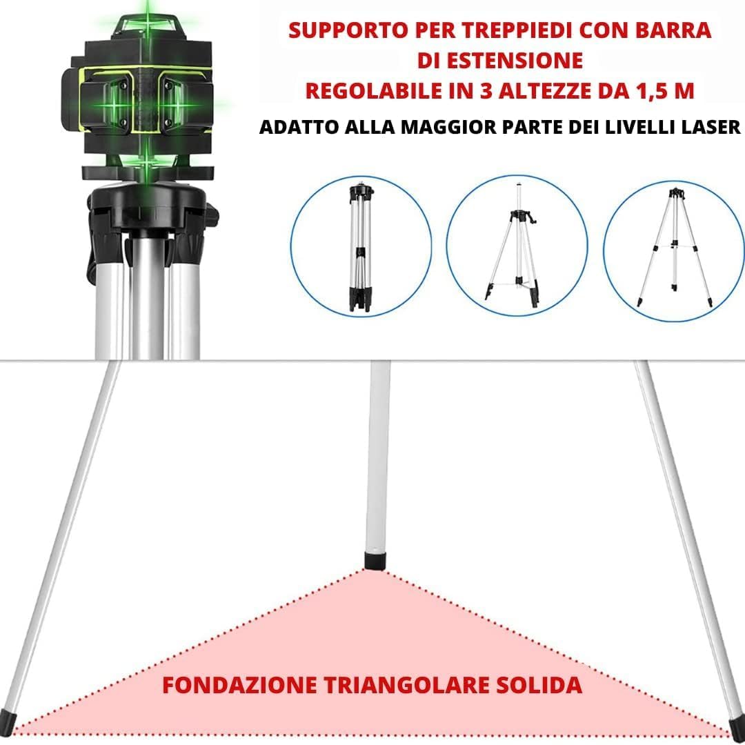 Livella laser Autolivellante 360° 4D, Laser 16 linee Cantiere 3° Batterie e Supporto Rotante,Treppiedi 1.2m
