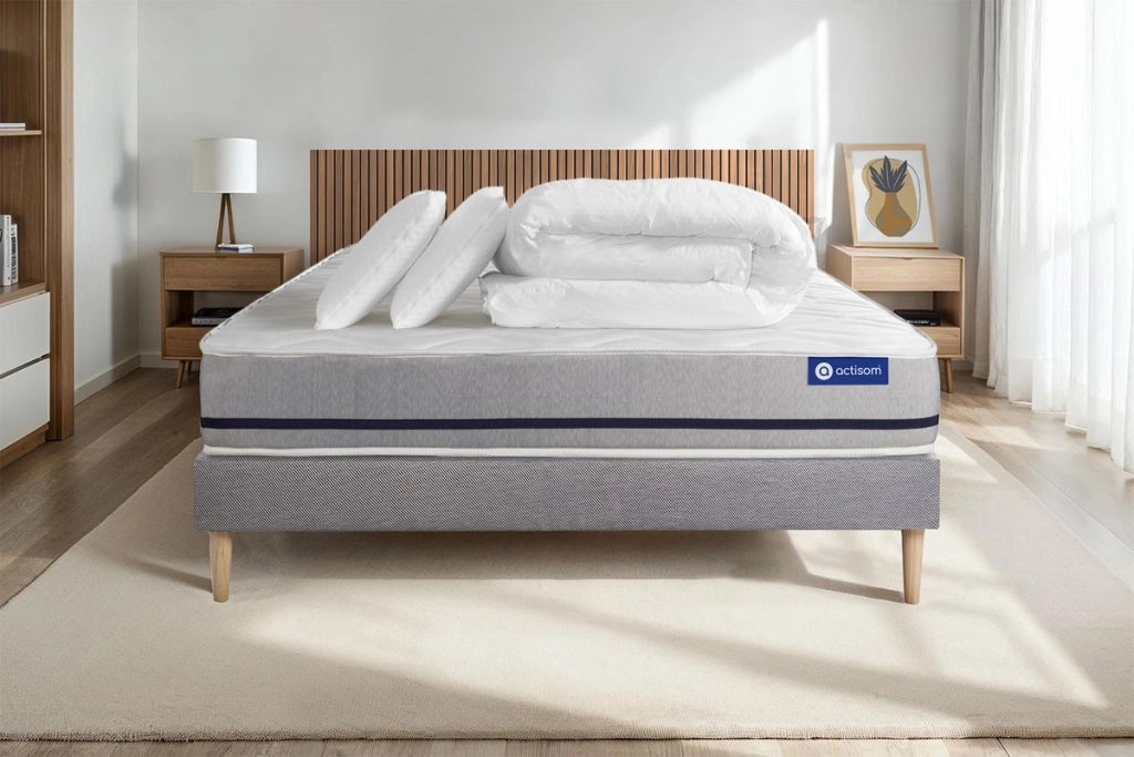 Pacchetto letto completo - Materasso 140x190cm + Box spring con doghe (kit) + 2 cuscini + Piumino - Actilatex Soft