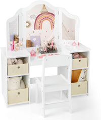 Toeletta Trucco 2 in 1 per Bambina, Specchiera Staccabile per Ragazza in Legno Robusto con 4 Cassetti in Tessuto, Sgabello e Specchio, Postazione Trucco per 3 Anni, 104 x 40 x 117 cm (Bianco)
