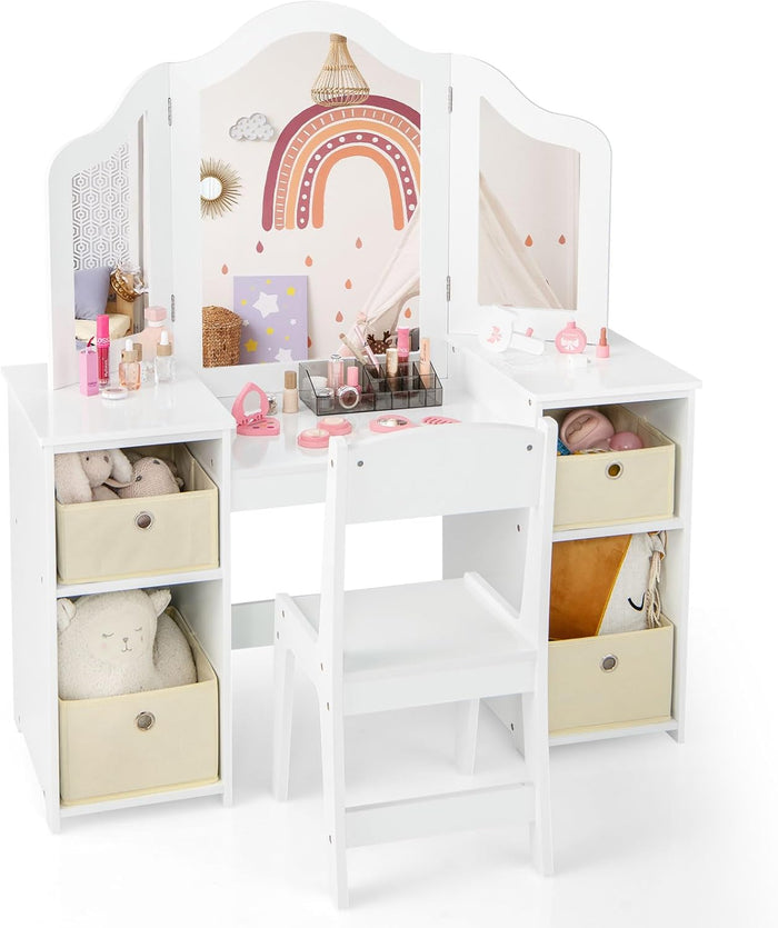 Toeletta Trucco 2 in 1 per Bambina, Specchiera Staccabile per Ragazza in Legno Robusto con 4 Cassetti in Tessuto, Sgabello e Specchio, Postazione Trucco per 3 Anni, 104 x 40 x 117 cm (Bianco)