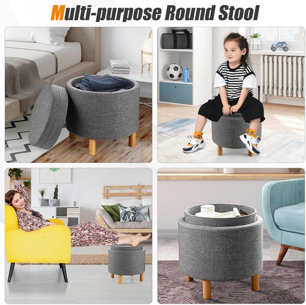 Pouf con Spazio di Archiviazione, Poggiapiedi Rotondo con Vassoio Reversibile e Spazio di Stoccaggio Nascosto, Pouf Imbottito Multifunzionale per Camera da Letto, Soggiorno, Ufficio (Grigio)
