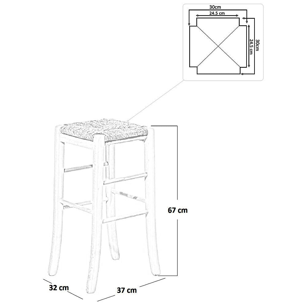 Sgabello in legno grezzo h 67 cm con seduta quadrata in paglia e piedi sciabola