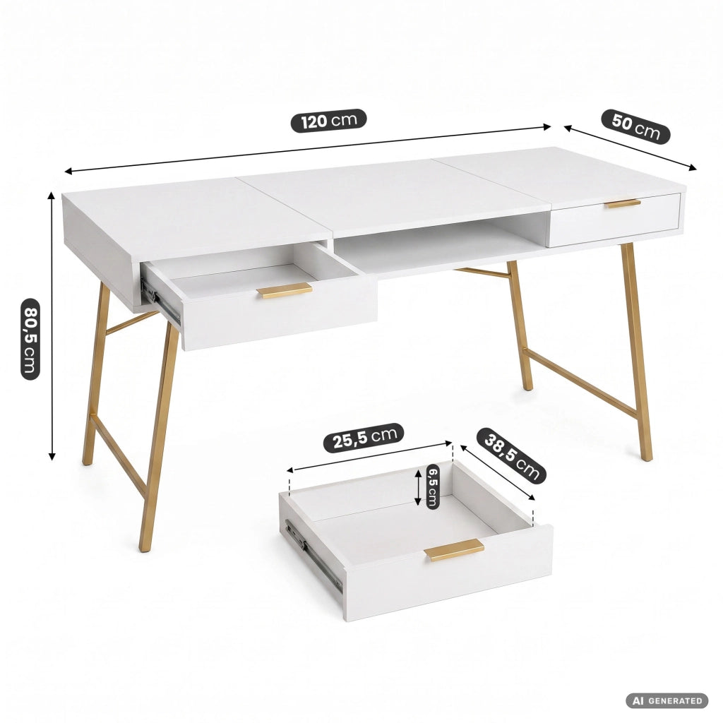 Scrivania industriale per computer Bianca ARDEN 120 cm 2 cassetti 1 ripiano gambe dorate