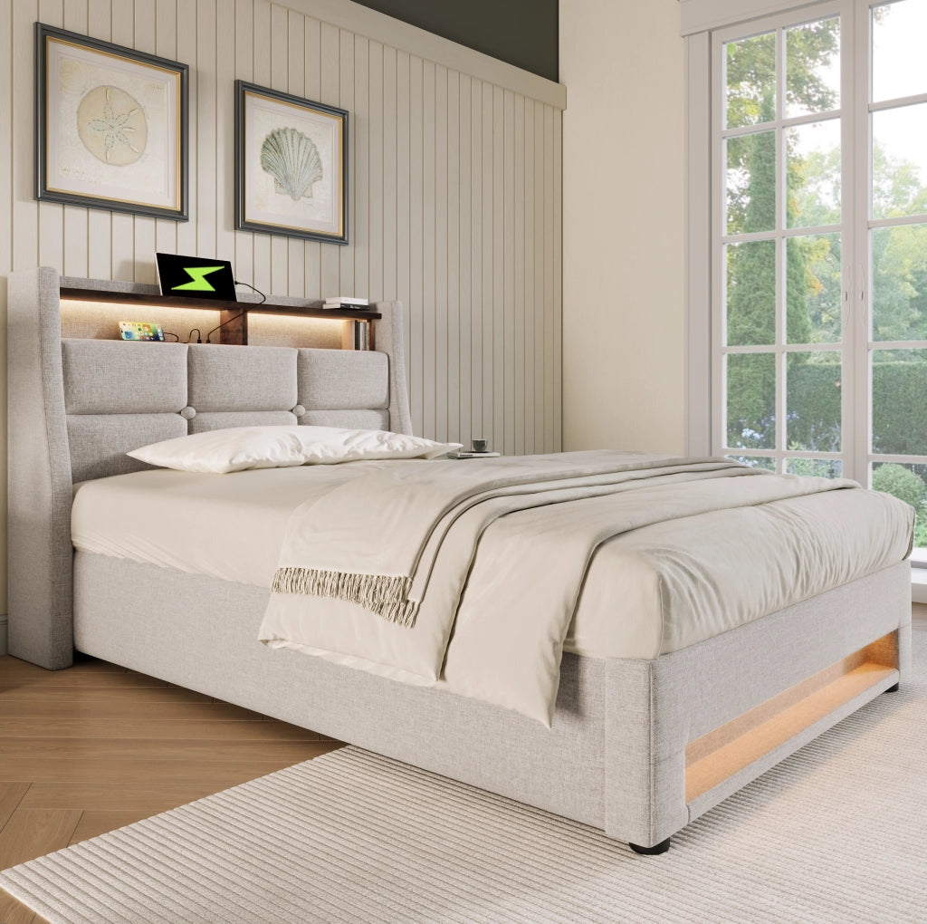 Letto imbottito 90x200 cm con LED e USB; lino beige (Senza materasso)