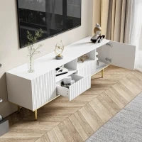 Mobiletto Porta TV Moderno con Piedini e Bordi Dorati, Due Ripiani e Due Cassetti, 165x36x55 cm, Bianco