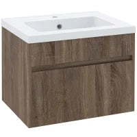 kleankin Mobile Lavabo da 60cm con Cassetto in Legno e Lavandino in Ceramica, Marrone Chiaro