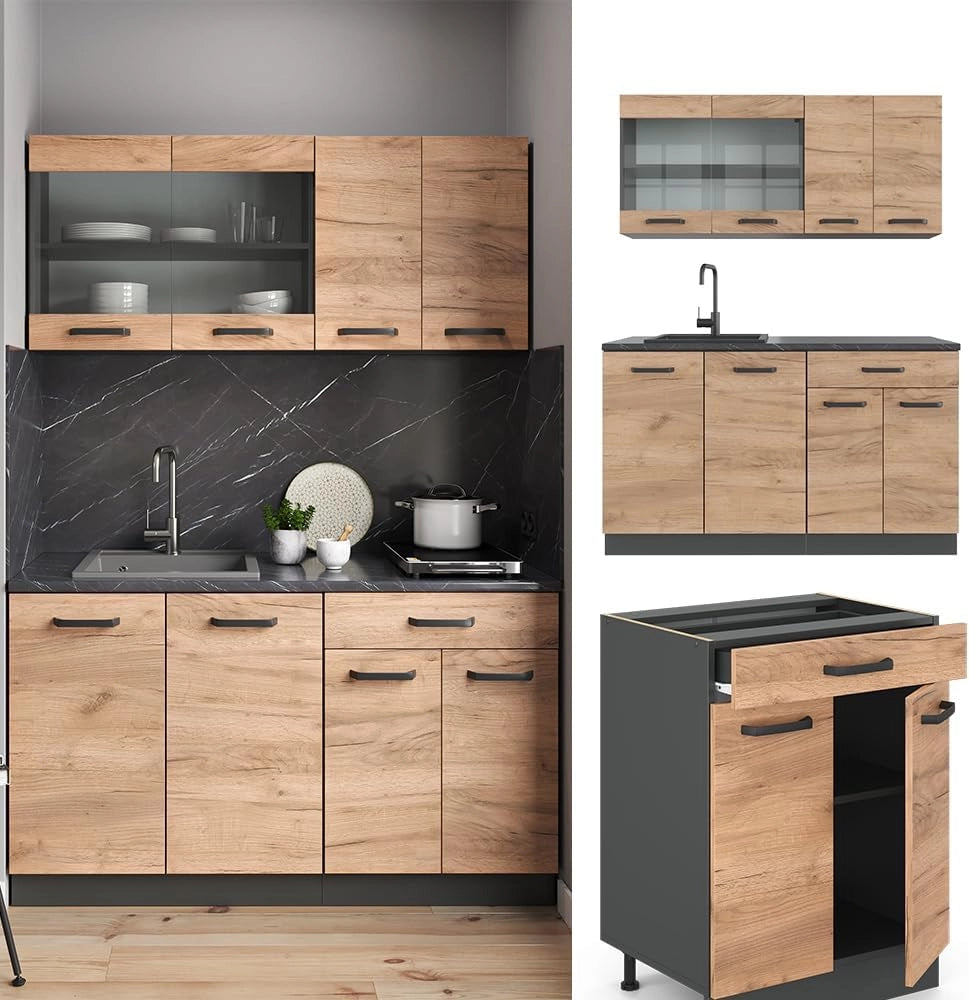 Cucina completa R-Line, Quercia dorata, 140 cm senza piano di lavoro, adatto per l'espansione flessibile con moduli aggiuntivi