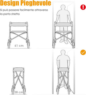 Deambulatore Pieghevole, Deambulatore per Anziani e Disabili a 4 Ruote, Rollator Medico in Alluminio Leggero con Sedile e Borsa, Portata Massima 136 kg