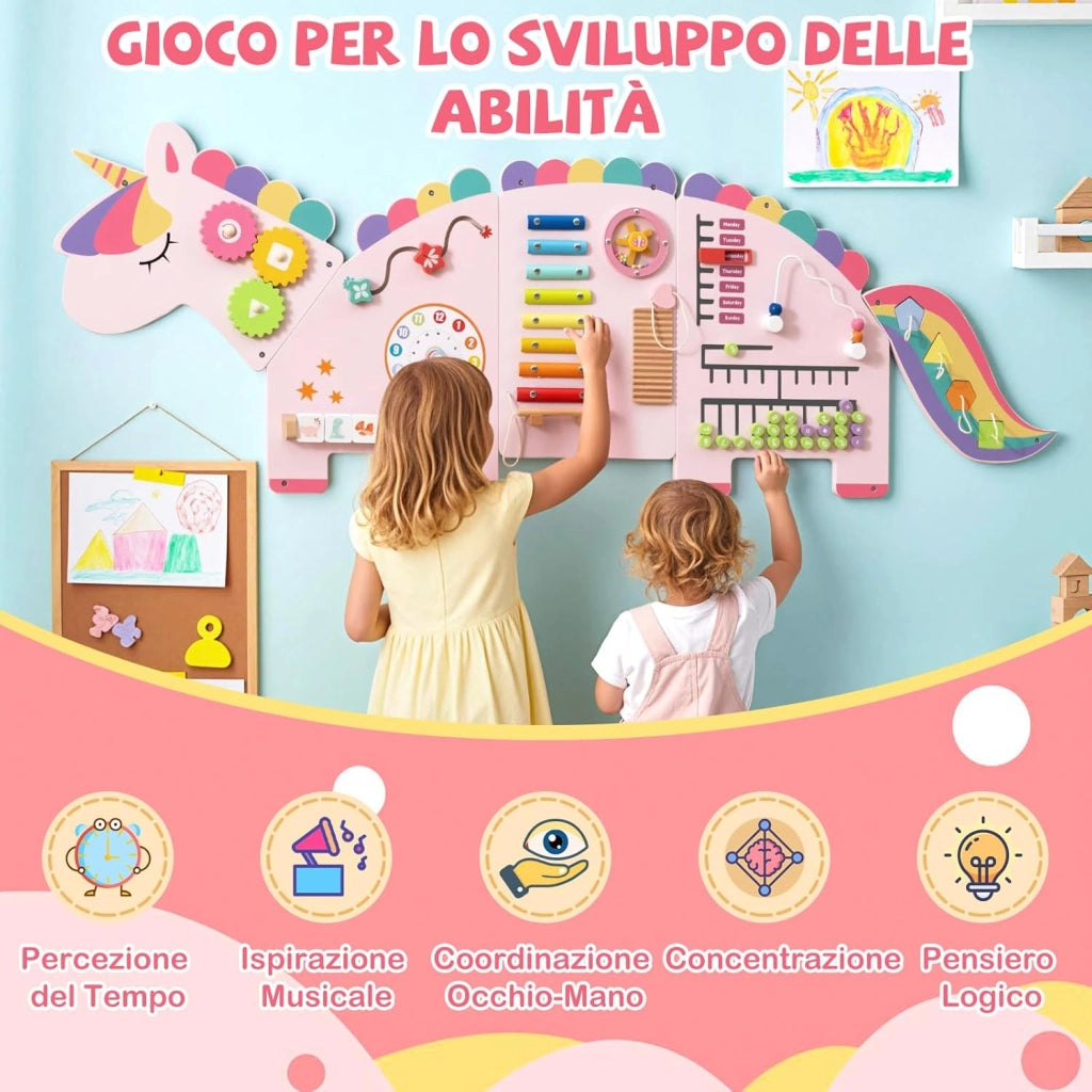 Pannelli da Parete con attività, Busy Board 11 in 1 Montessori in Legno per Sviluppo Sensoriale, Centro di attività Educativo Montato a Parete per Stanza Giochi, Asilo Nido (Unicorno)