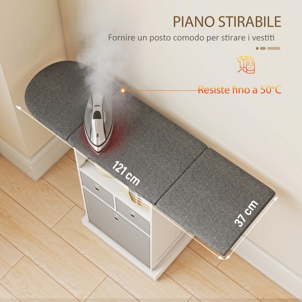 Mobile Asse da Stiro Pieghevole a Rotelle con Ripiano Aperto e 3 Cassetti. 121x37x89.5 cm. Bianco e Grigio