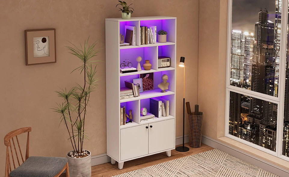 Libreria 80x30x173 cm in MDF bianco， LED via app， 2 ante