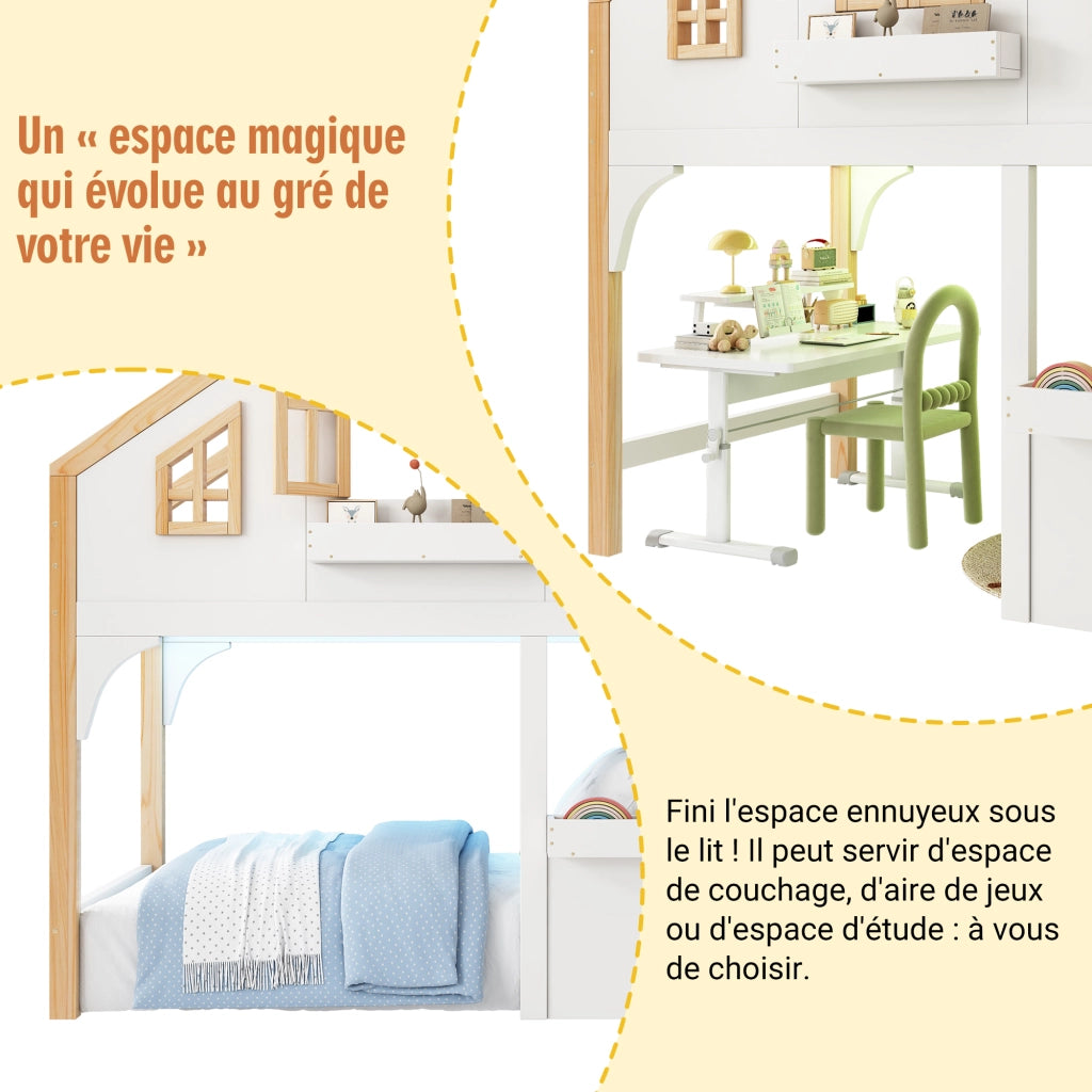 OKWISH Letto a Soppalco 90×200 cm, Letto Singolo con Scala Contenitore, LED e Finestra, senza Materasso, in Pino, Bianco