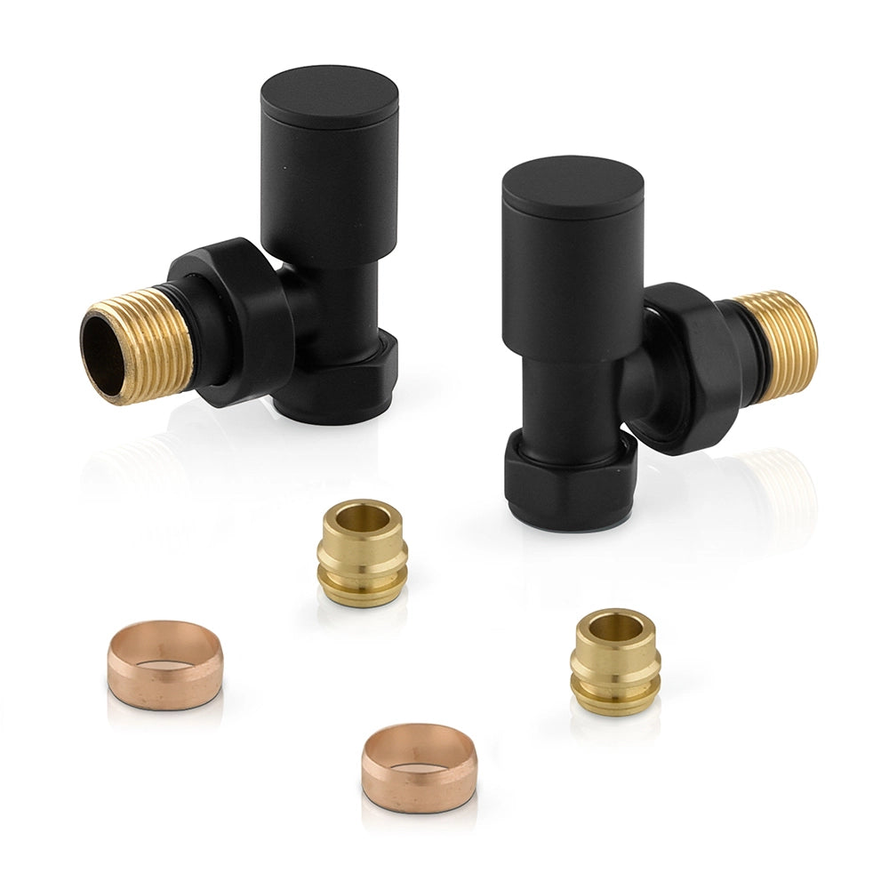 Valvole termoarredo tonde nere con attacco G 1/2 e raccordo rame da 12 mm