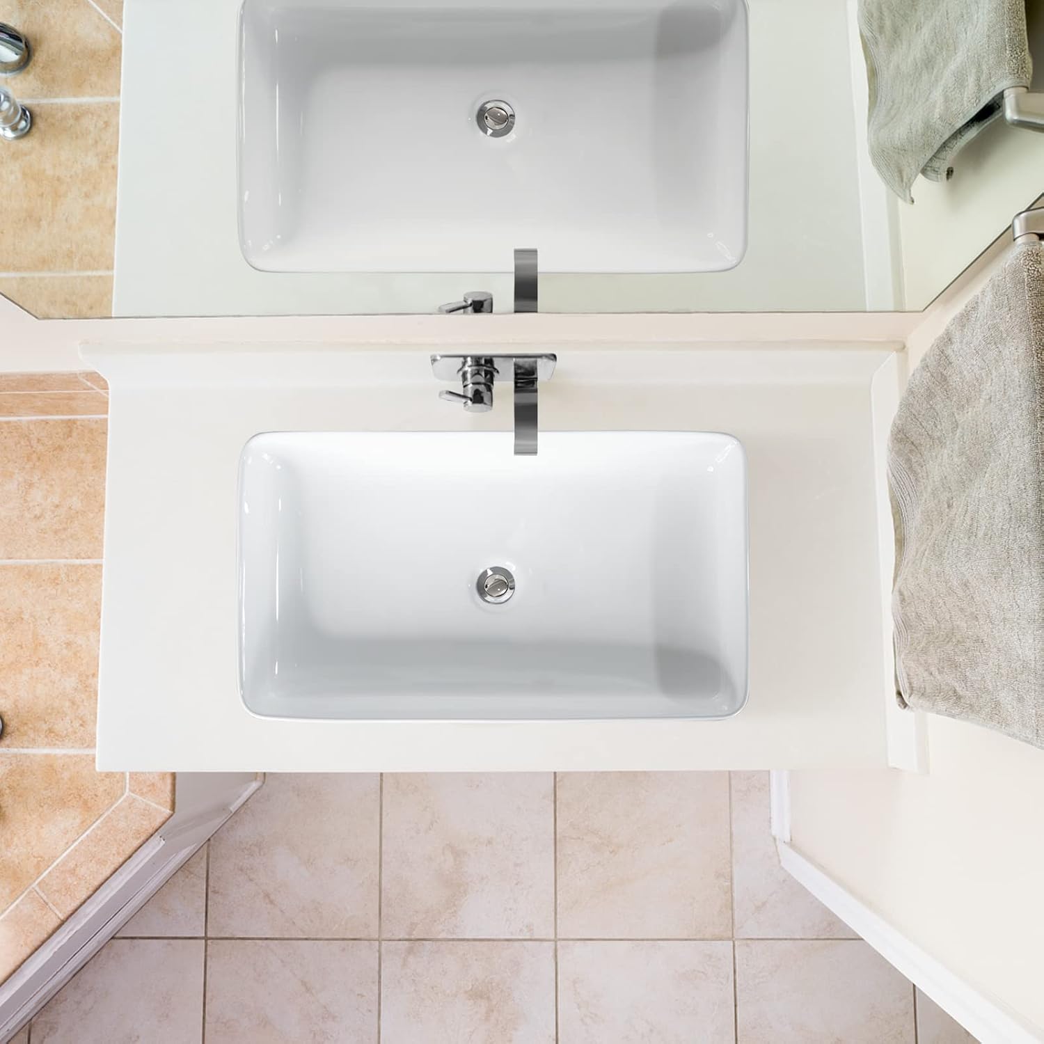 Lavabo da Bagno in Ceramica, Lavandino da Bagno Rettangolare 60 x 35 cm, con Scarico a Scomparsa, Ideale per Casa Ristorante Hotel, Bianco