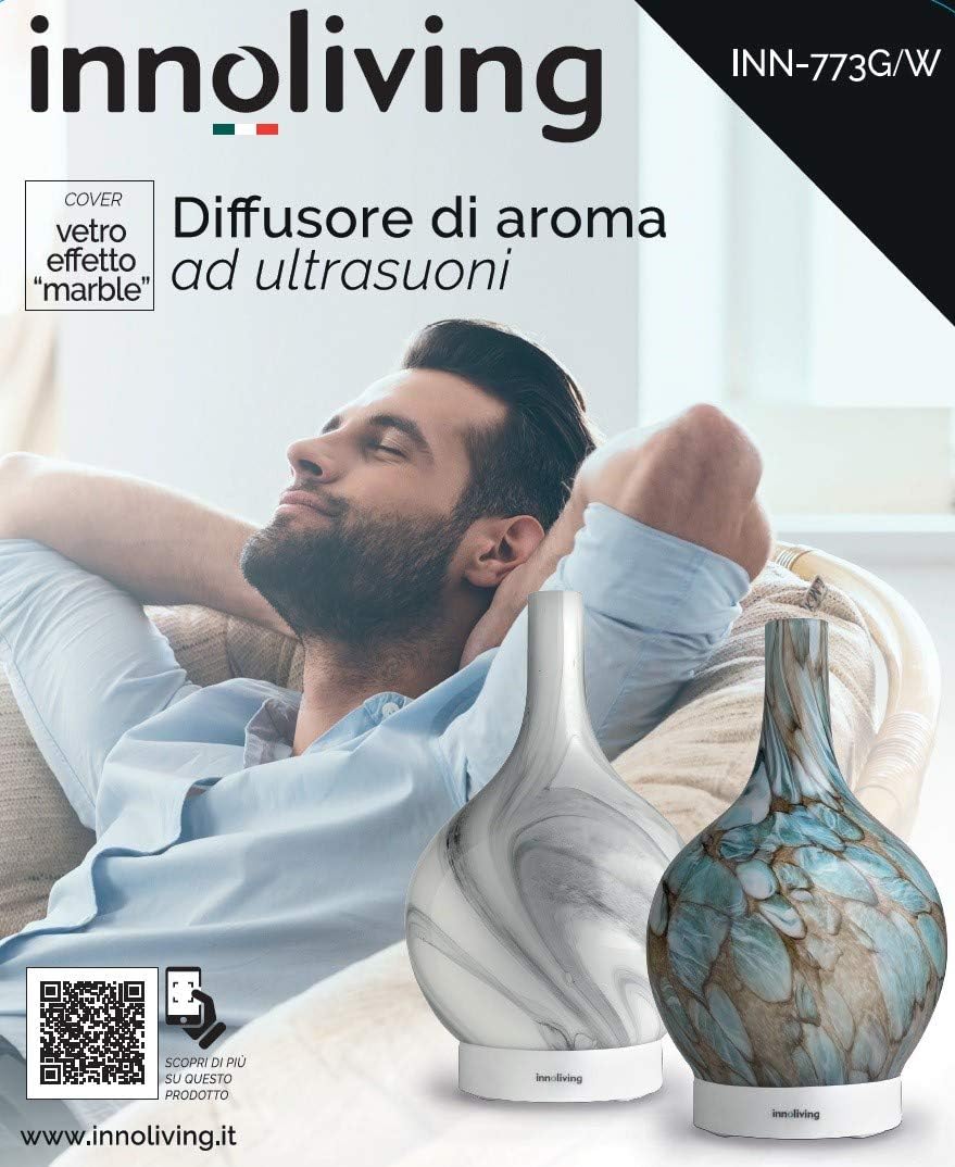 Innoliving INN-773W Diffusore d'Aroma ad Ultrasuoni in Vetro, Capacità 150ml, Cover Effetto Marmo, Timer 3 Ore