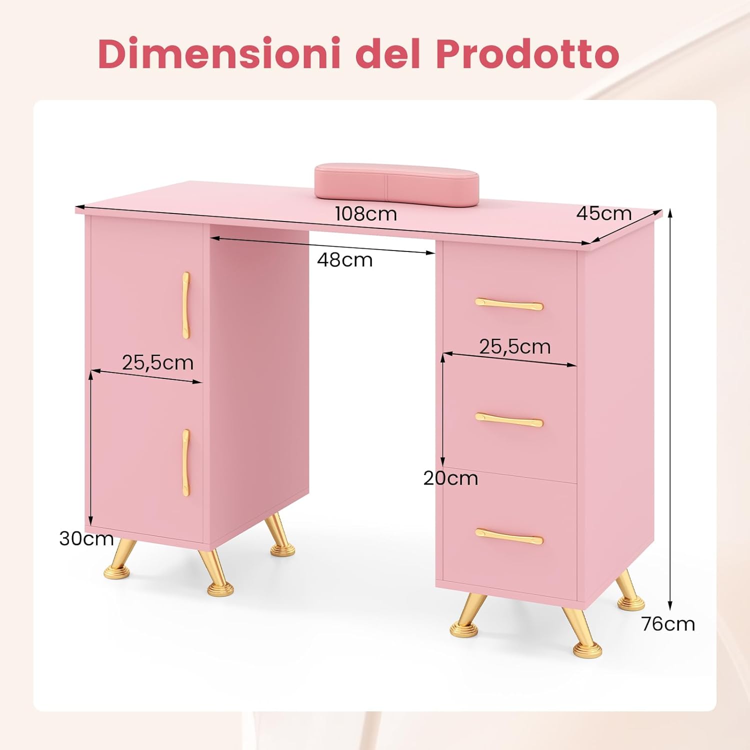 Tavolo per Manicure, Tavolo per Unghie con Cassetti, Cuscino Poggia Polsi e Gambe in Metallo, Stazione per Unghie Estetista Nail Art per Salone di Bellezza (Rosa)