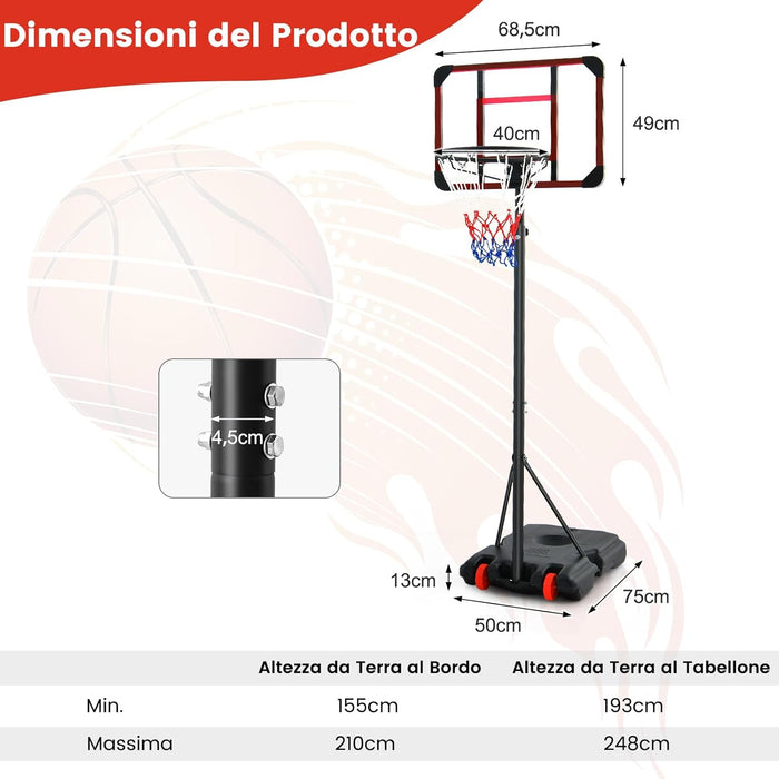 Canestro da Basket Regolabile in Altezza 193-248 CM, Canestro da Basket da Esterno ed Interno con Ruote e Supporto per Pallone, Canestro da Basket per Parco, Casa e Giardino