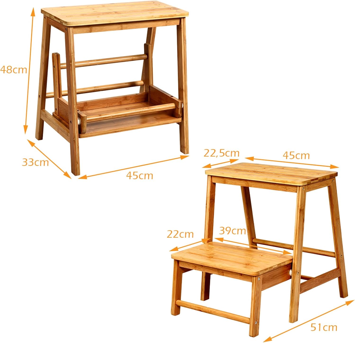 Sgabello Scala in Bambù Sedia Scaletta, Richiudibile Salvaspazio, Portata 100 kg, 45 x 51 x 48 cm (Naturale)