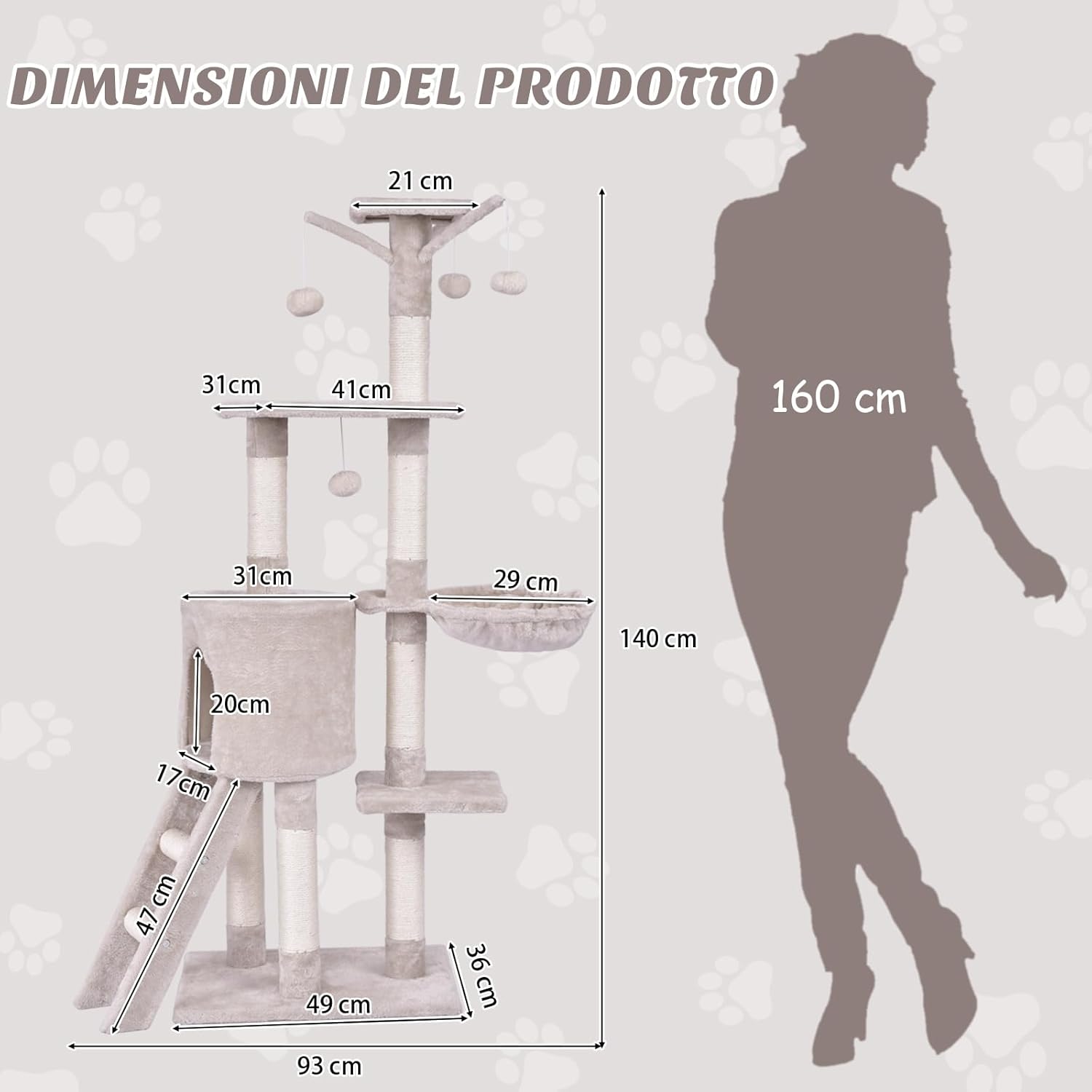 Tiragraffi per Gatti Alto 140 cm, Albero Tiragraffi Gatto con Tiragraffi in Sisal, Cesto, Piattaforma, Scala e Palline Pendenti, Torre Multi-Livello per Gatti da Interno