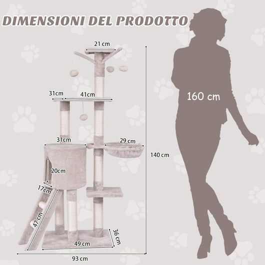 Tiragraffi per Gatti Alto 140 cm, Albero Tiragraffi Gatto con Tiragraffi in Sisal, Cesto, Piattaforma, Scala e Palline Pendenti, Torre Multi-Livello per Gatti da Interno
