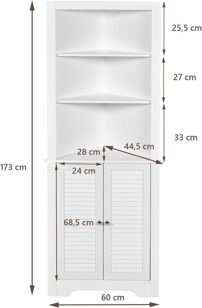 Armadio Angolare 60 x 44,5 x 173 cm, Mobile Angolare con 3 Ripiani Aperti e 2 Ante, Mobiletto Bagno Salvaspazio per Ingresso, Cucina e Salotto