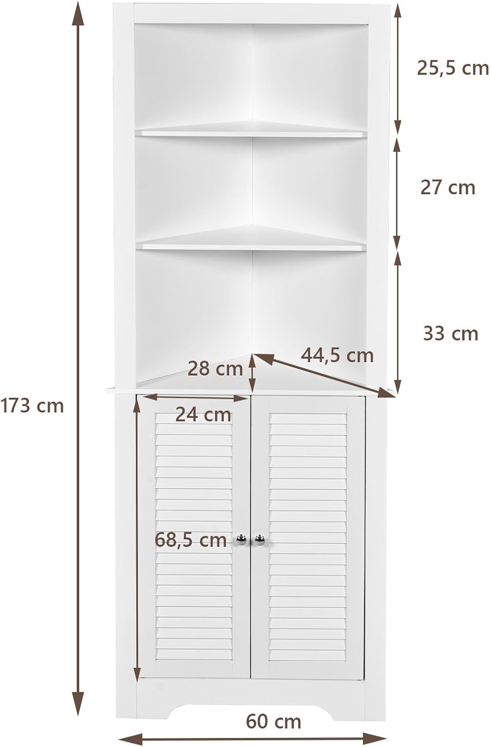 Armadio Angolare 60 x 44,5 x 173 cm, Mobile Angolare con 3 Ripiani Aperti e 2 Ante, Mobiletto Bagno Salvaspazio per Ingresso, Cucina e Salotto