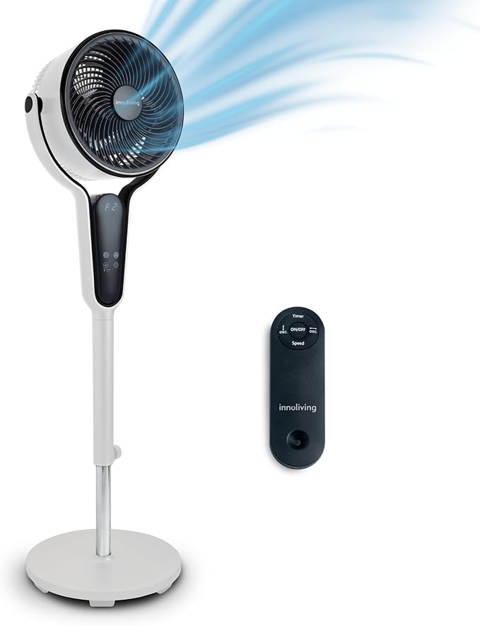 Innoliving Ventilatore a Piantana Digitale High Tech INN-534, Slim Design, Display Touch, Telecomando, Oscillazione 3D, Timer 12h, 3-12 Velocità, 50W, Ventilazione Potente fino a 5m