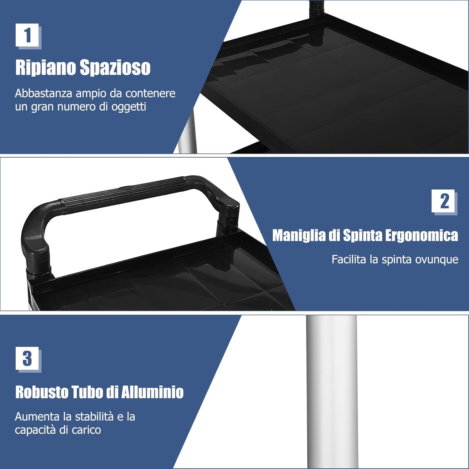 Carrello di Servizio a 3 Ripiani, Carrello Multiuso con Maniglie Ampio Spazio e Ruote Flessibili con Freni, Adatto a Ufficio Ristorante Casa Officina, 103x49x98 cm